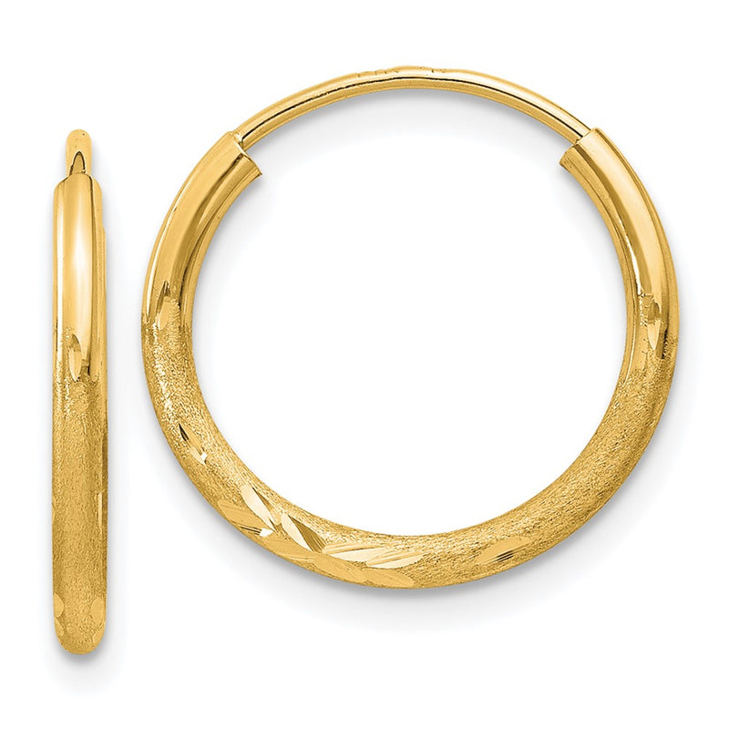 14K Yellow Gold 1.5mm Satin Diamond Cut Endless Hoop Earrings