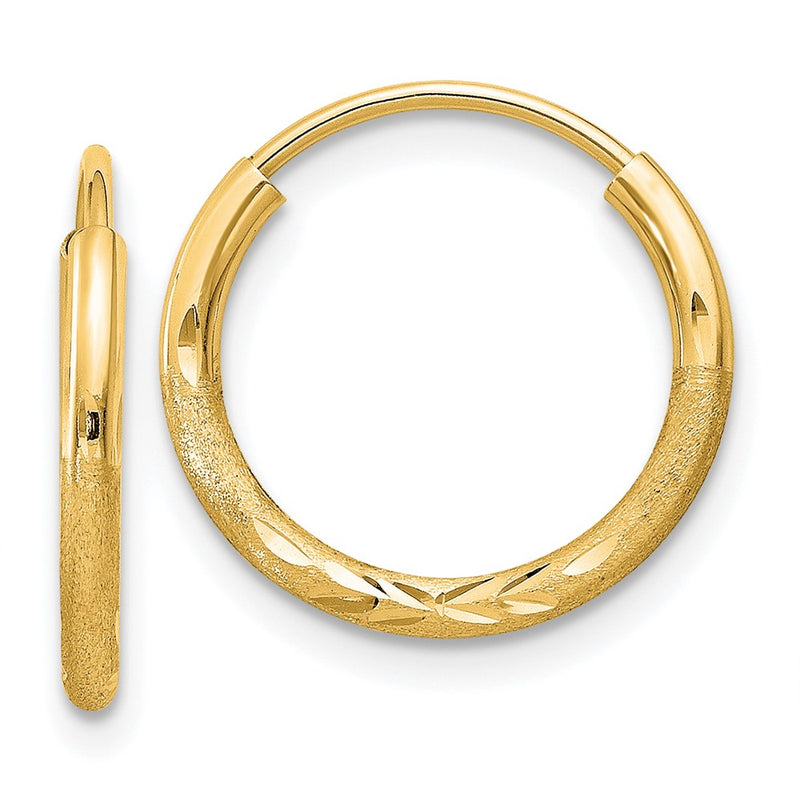14K Yellow Gold 1.5mm Satin Diamond Cut Endless Hoop Earrings