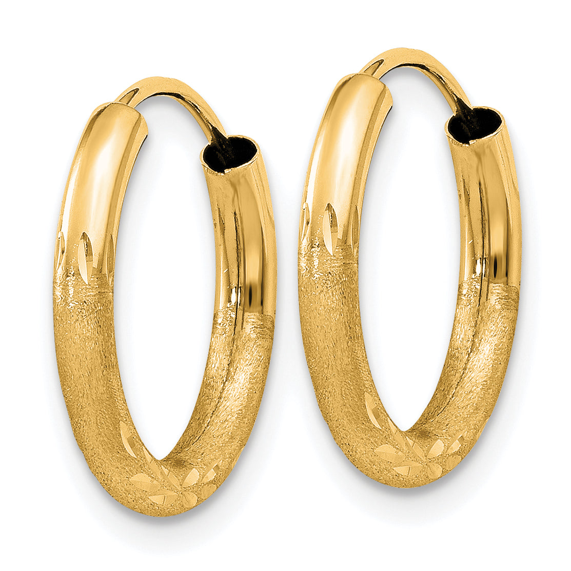 14K Yellow Gold 2mm Satin Diamond Cut Endless Hoop Earrings