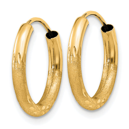 14K Yellow Gold 2mm Satin Diamond Cut Endless Hoop Earrings