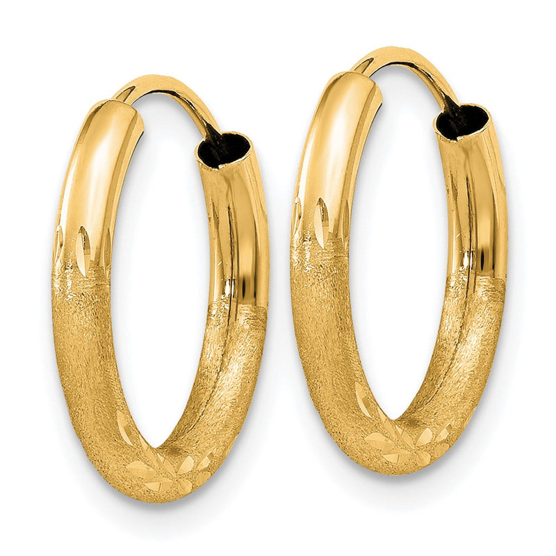 14K Yellow Gold 2mm Satin Diamond Cut Endless Hoop Earrings