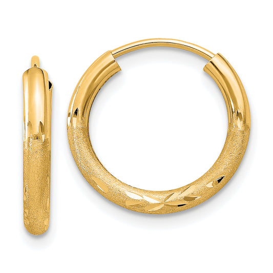 14K Yellow Gold 2mm Satin Diamond Cut Endless Hoop Earrings