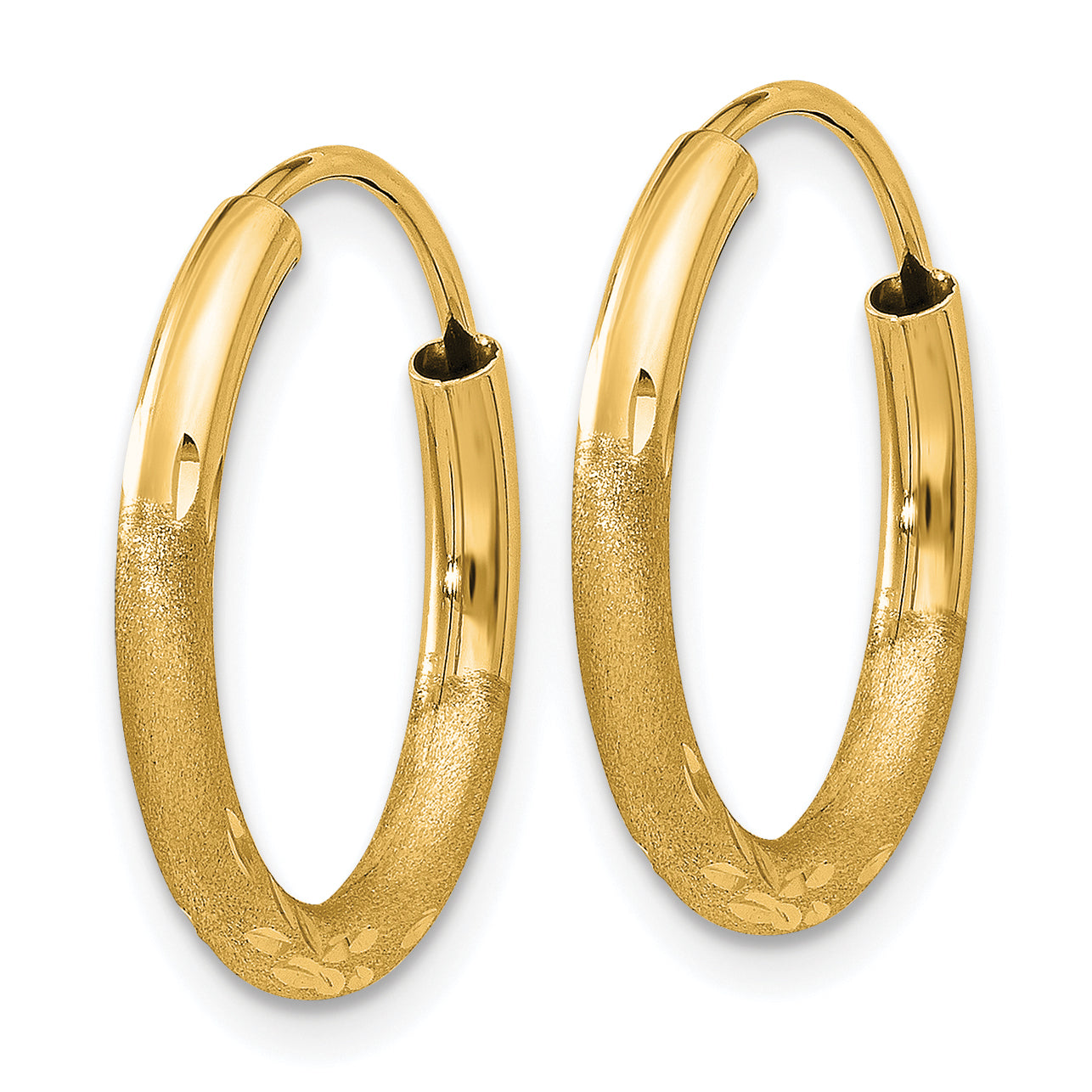 14K Yellow Gold 2mm Satin Diamond Cut Endless Hoop Earrings