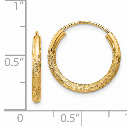 14K Yellow Gold 2mm Satin Diamond Cut Endless Hoop Earrings