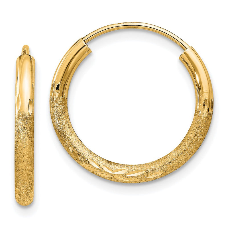 14K Yellow Gold 2mm Satin Diamond Cut Endless Hoop Earrings