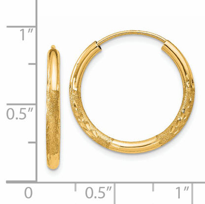 14K Yellow Gold 2mm Satin Diamond Cut Endless Hoop Earrings