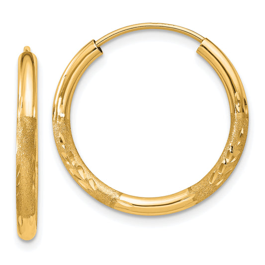 14K Yellow Gold 2mm Satin Diamond Cut Endless Hoop Earrings