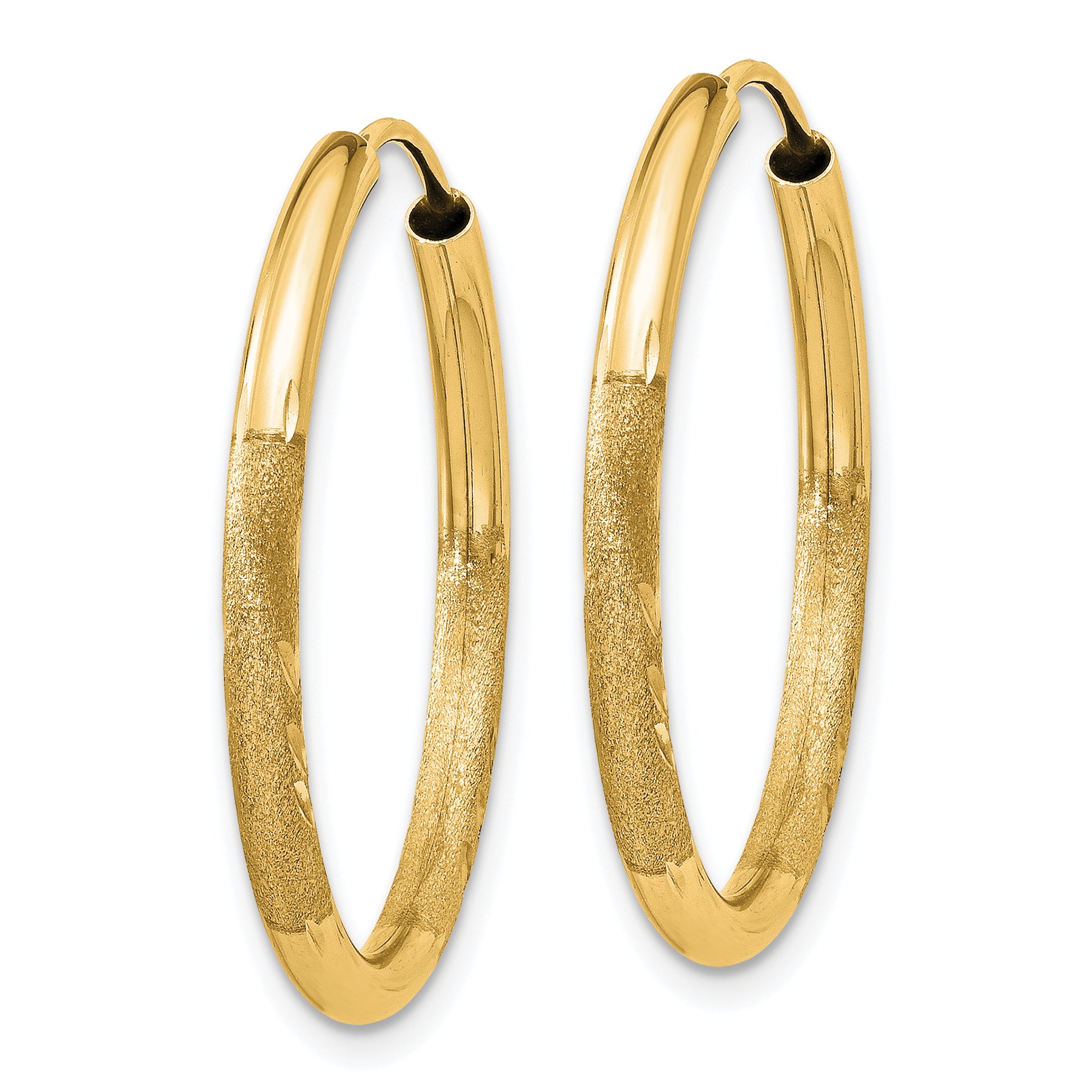 14K Yellow Gold 2mm Satin Diamond Cut Endless Hoop Earrings