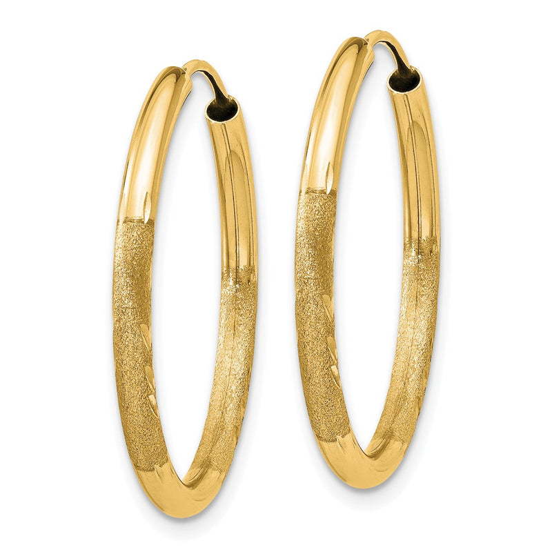 14K Yellow Gold 2mm Satin Diamond Cut Endless Hoop Earrings