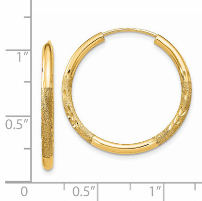14K Yellow Gold 2mm Satin Diamond Cut Endless Hoop Earrings