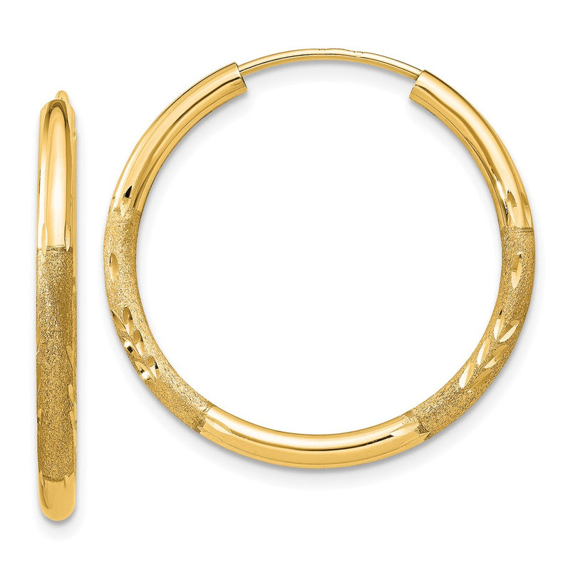 14K Yellow Gold 2mm Satin Diamond Cut Endless Hoop Earrings
