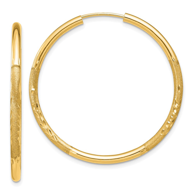 14K Yellow Gold 2mm Satin Diamond Cut Endless Hoop Earrings