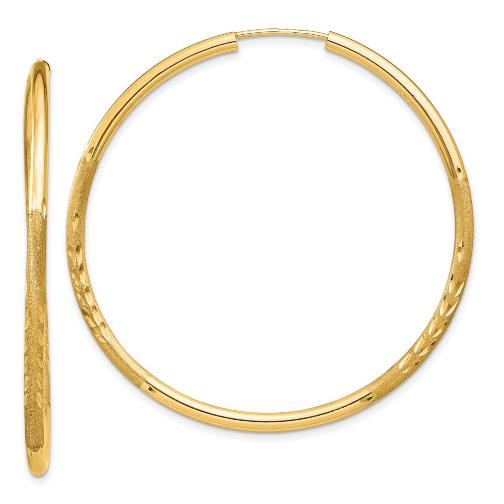 14K Yellow Gold 2mm Satin Diamond Cut Endless Hoop Earrings