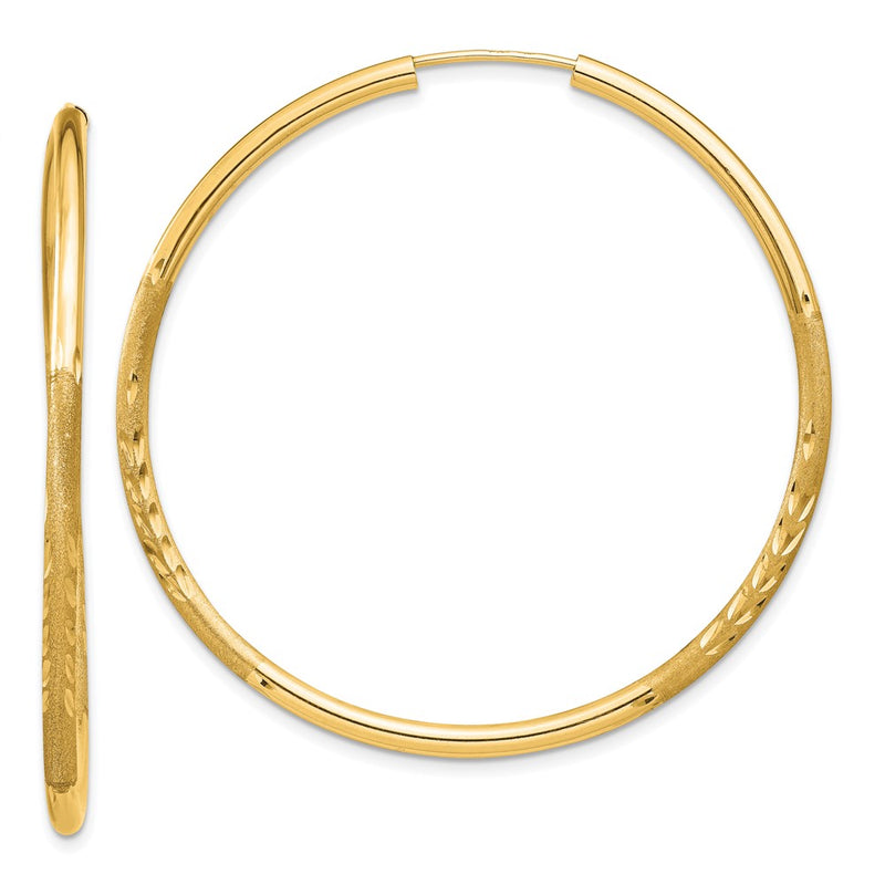 14K Yellow Gold 2mm Satin Diamond Cut Endless Hoop Earrings
