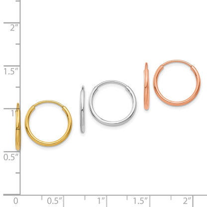 14K Tri-Color 1.20mm Yg/wg/rg Endless Hoop Earring Set