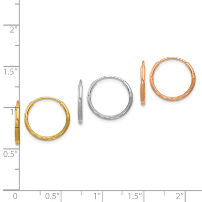14K Tri-Color 1.20mm Yg/wg/rg Diamond-Cut Endless Hoop Earring Set