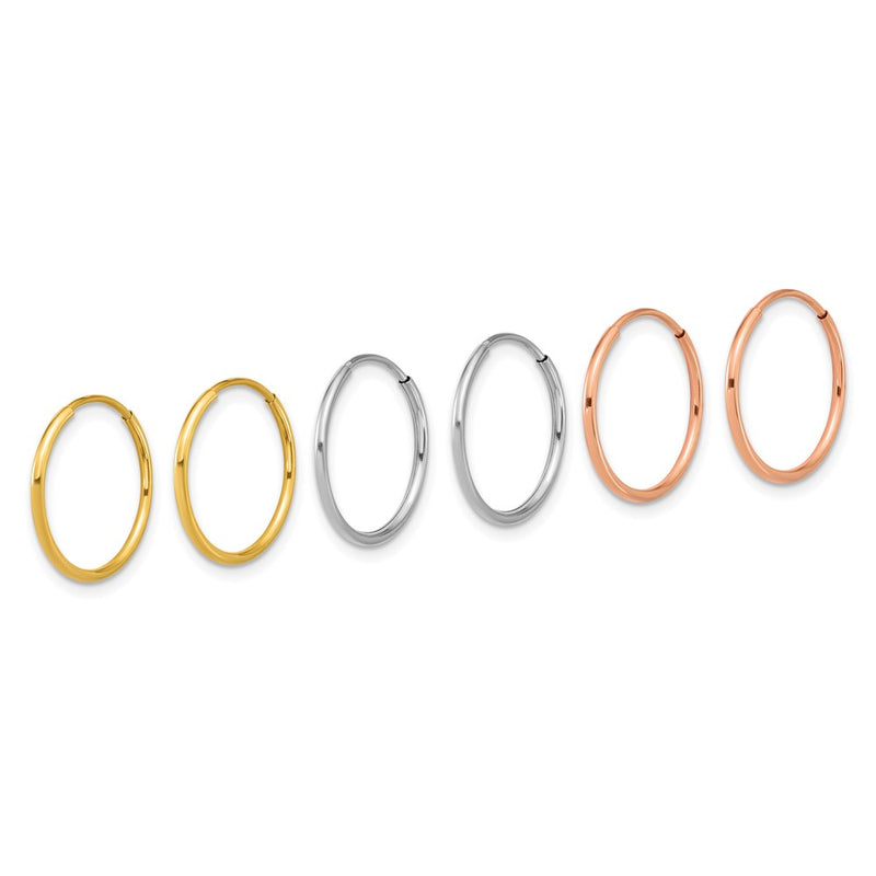 14K Tri-Color 1.20mm Yg/wg/rg Endless Hoop Earring Set
