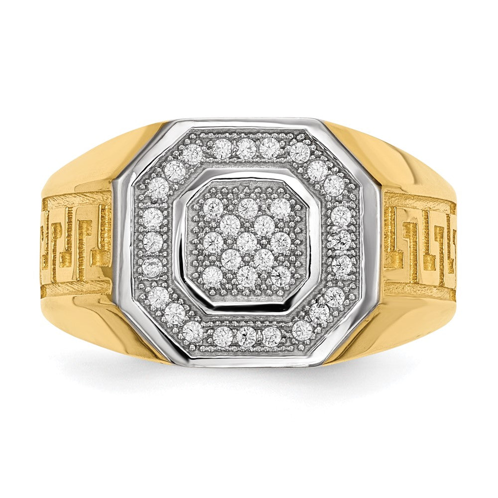 14K Yellow & Rhodium 14Kw/ Mens Micro Pave Cz Octagon Greek Key Ring