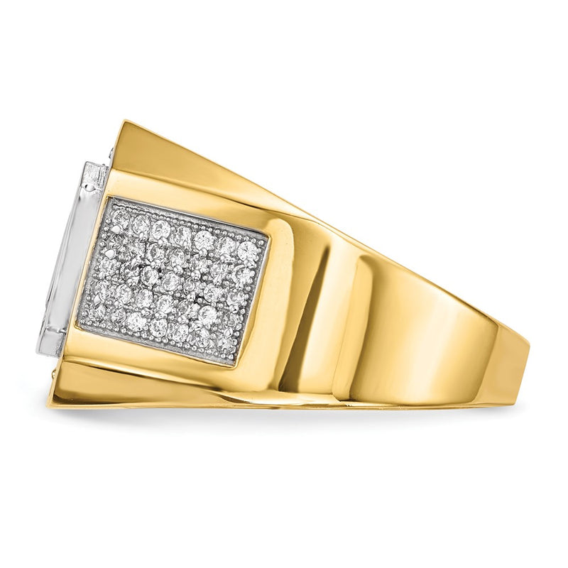 14K Yellow & Rhodium Cz Emerald Cut Red Mens Ring