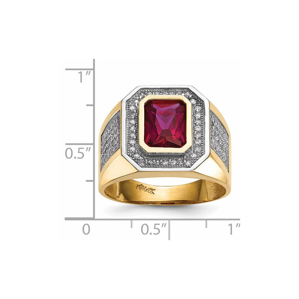 14K Yellow & Rhodium Cz Emerald Cut Red Mens Ring