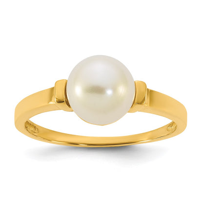 14K Yellow Gold Polished 7-8mm Button Freshwater Cultured Pearl Size 7 Ring