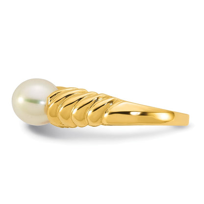 14K Yellow Gold Polished 6-7mm Round Freshwater Cultured Pearl Size 7 Scalloped Shank Ring