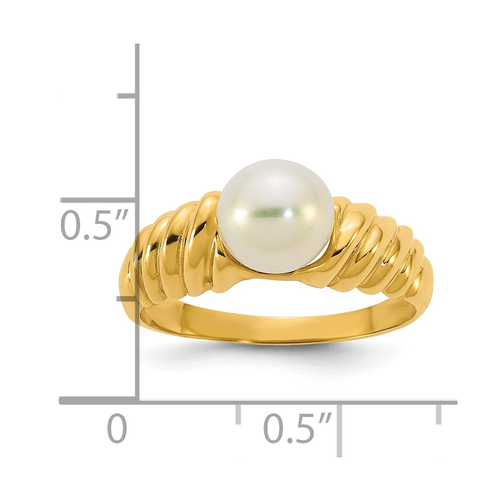 14K Yellow Gold Polished 6-7mm Round Freshwater Cultured Pearl Size 7 Scalloped Shank Ring