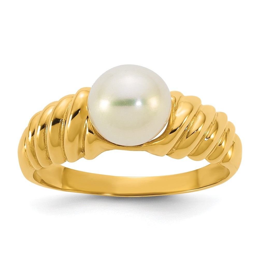 14K Yellow Gold Polished 6-7mm Round Freshwater Cultured Pearl Size 7 Scalloped Shank Ring