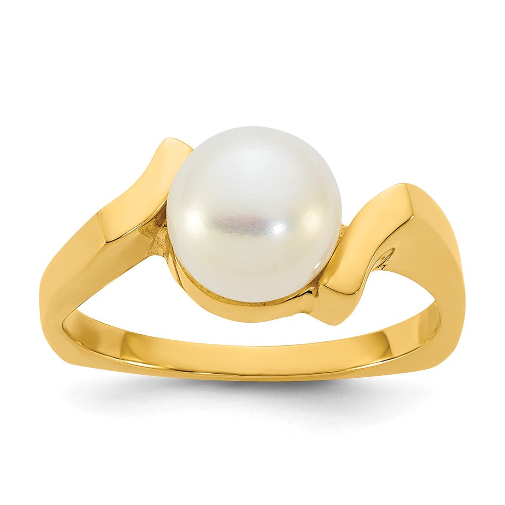 14K Yellow Gold Polished 7-8mm Button Freshwater Cultured Pearl Size 7 Square Shank Ring