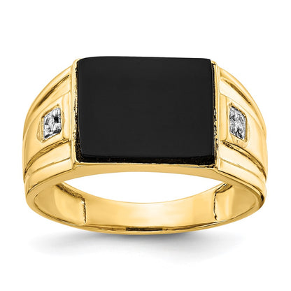 14K Yellow Gold Men's Real Diamond and Black Onyx Signet Ring