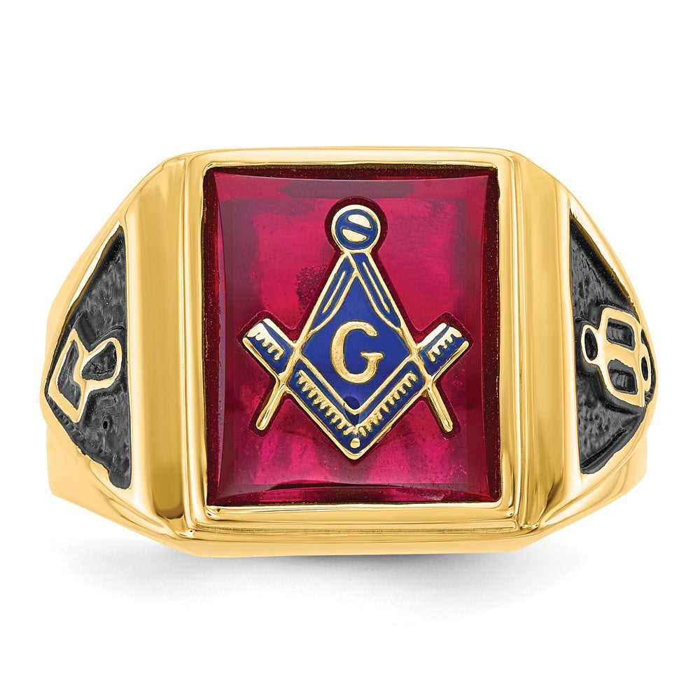 Solid 14k Yellow Gold Men's Synthetic Simulated Ruby Masonic Ring