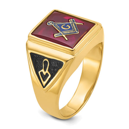 Solid 14k Yellow Gold Men's Synthetic Simulated Ruby Masonic Ring