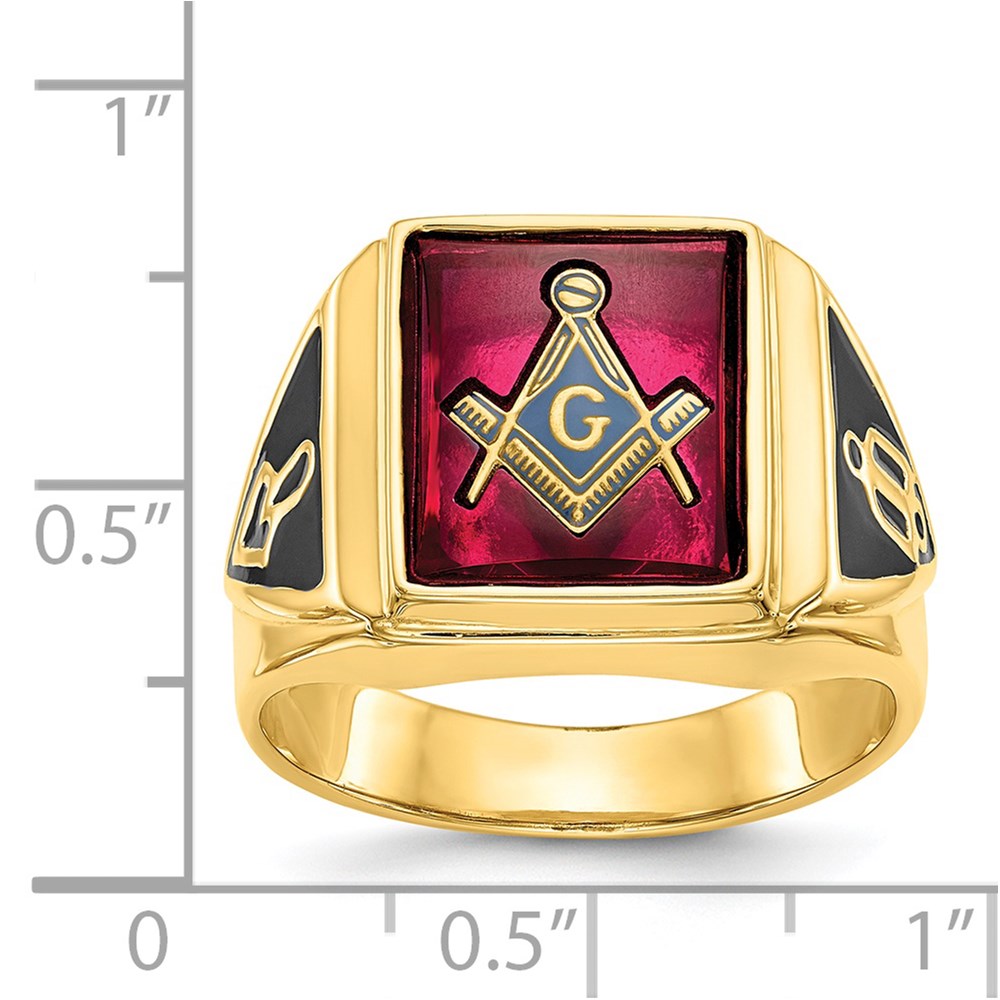 Solid 14k Yellow Gold Men's Synthetic Simulated Ruby Masonic Ring