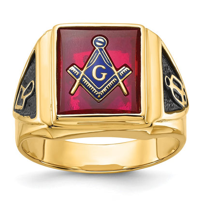 Solid 14k Yellow Gold Men's Synthetic Simulated Ruby Masonic Ring