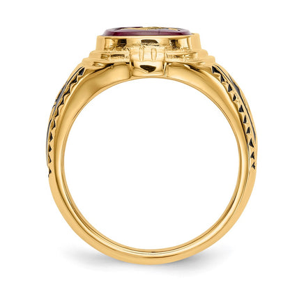 Solid 14k Yellow Gold Men's Synthetic Simulated Ruby Masonic Ring