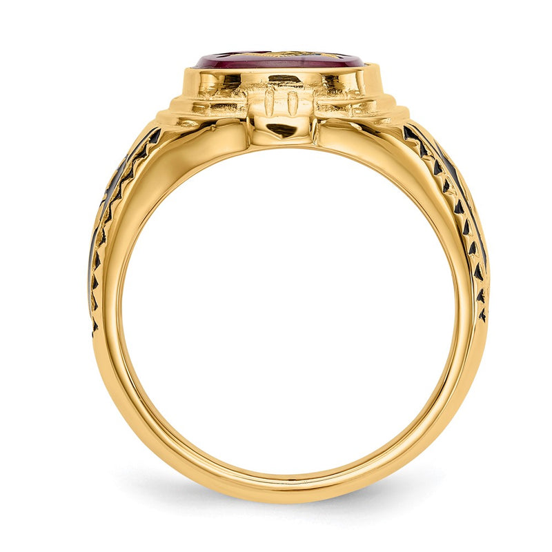 Solid 14k Yellow Gold Men's Synthetic Simulated Ruby Masonic Ring