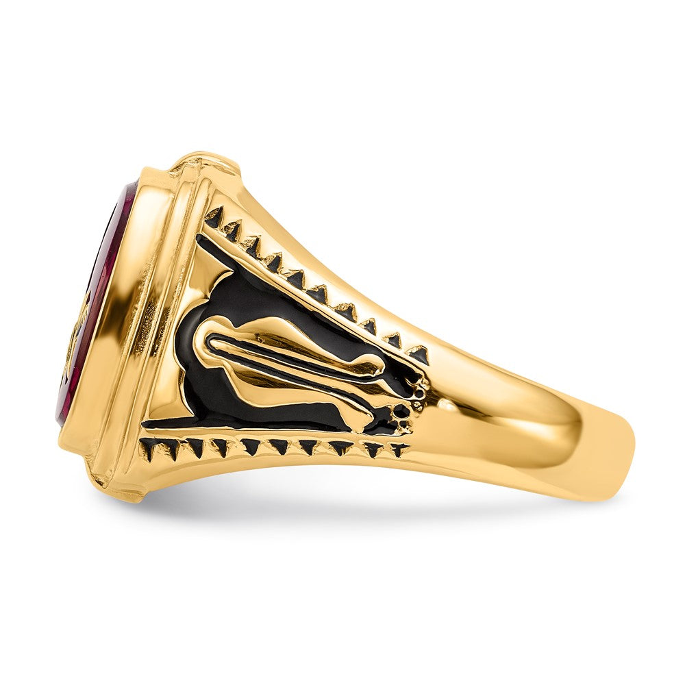 Solid 14k Yellow Gold Men's Synthetic Simulated Ruby Masonic Ring