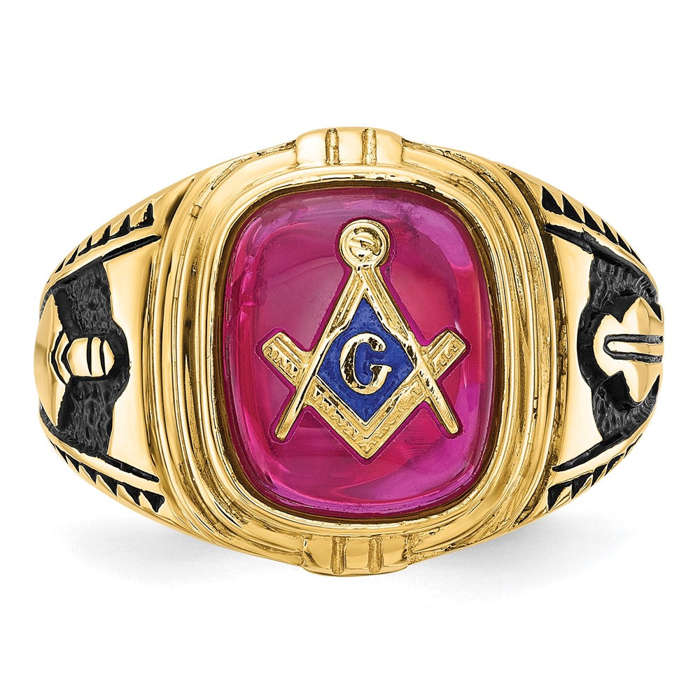 Solid 14k Yellow Gold Men's Synthetic Simulated Ruby Masonic Ring