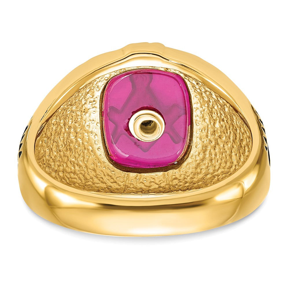 Solid 14k Yellow Gold Men's Synthetic Simulated Ruby Masonic Ring