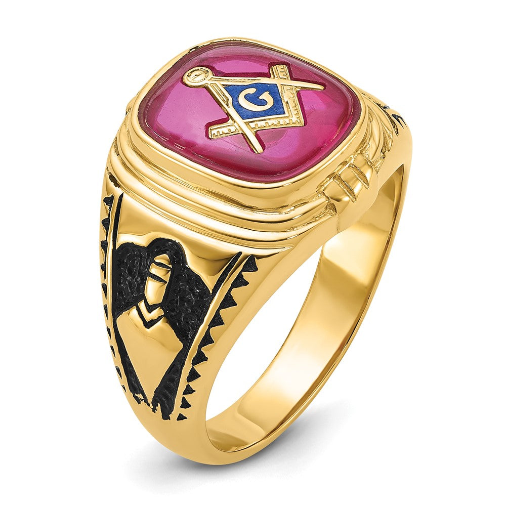 Solid 14k Yellow Gold Men's Synthetic Simulated Ruby Masonic Ring