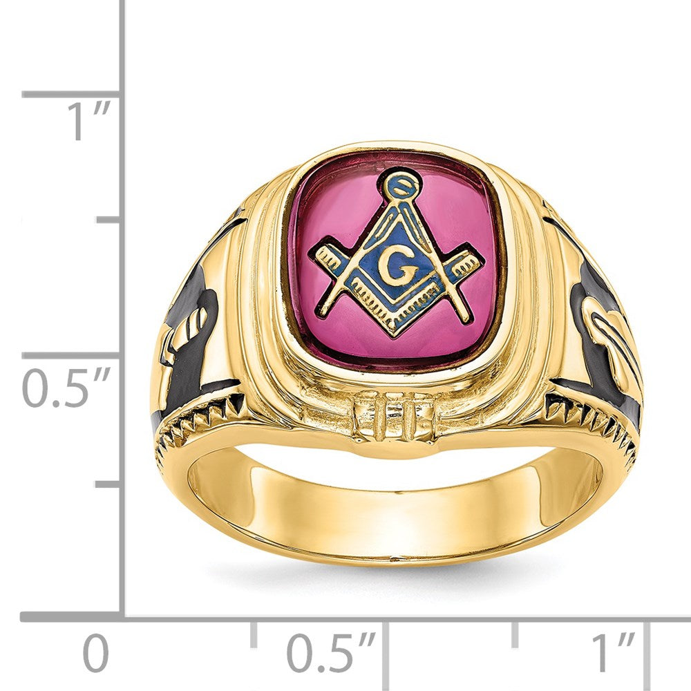 Solid 14k Yellow Gold Men's Synthetic Simulated Ruby Masonic Ring