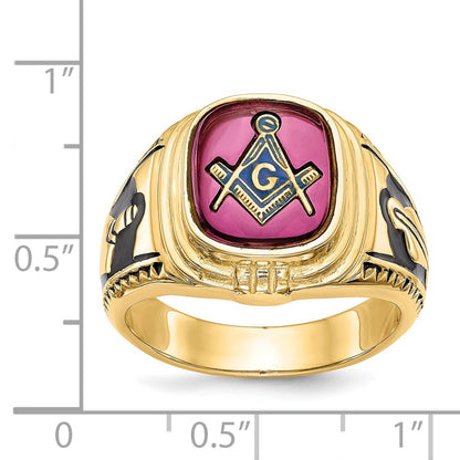Solid 14k Yellow Gold Men's Synthetic Simulated Ruby Masonic Ring