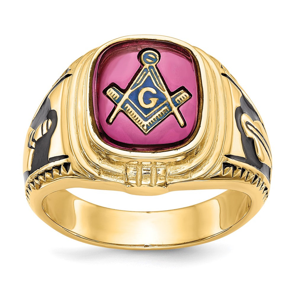 Solid 14k Yellow Gold Men's Synthetic Simulated Ruby Masonic Ring