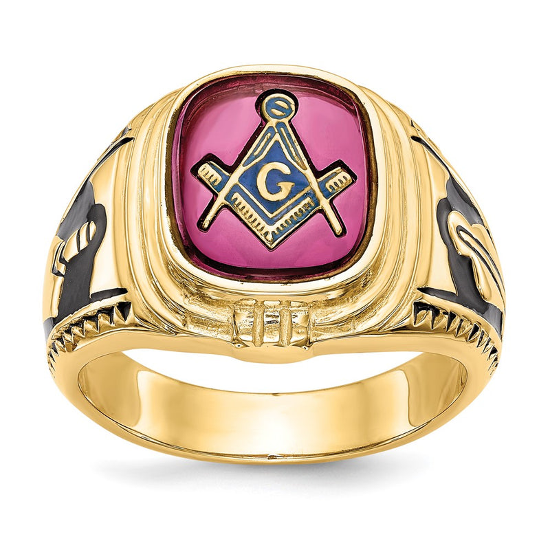 Solid 14k Yellow Gold Men's Synthetic Simulated Ruby Masonic Ring