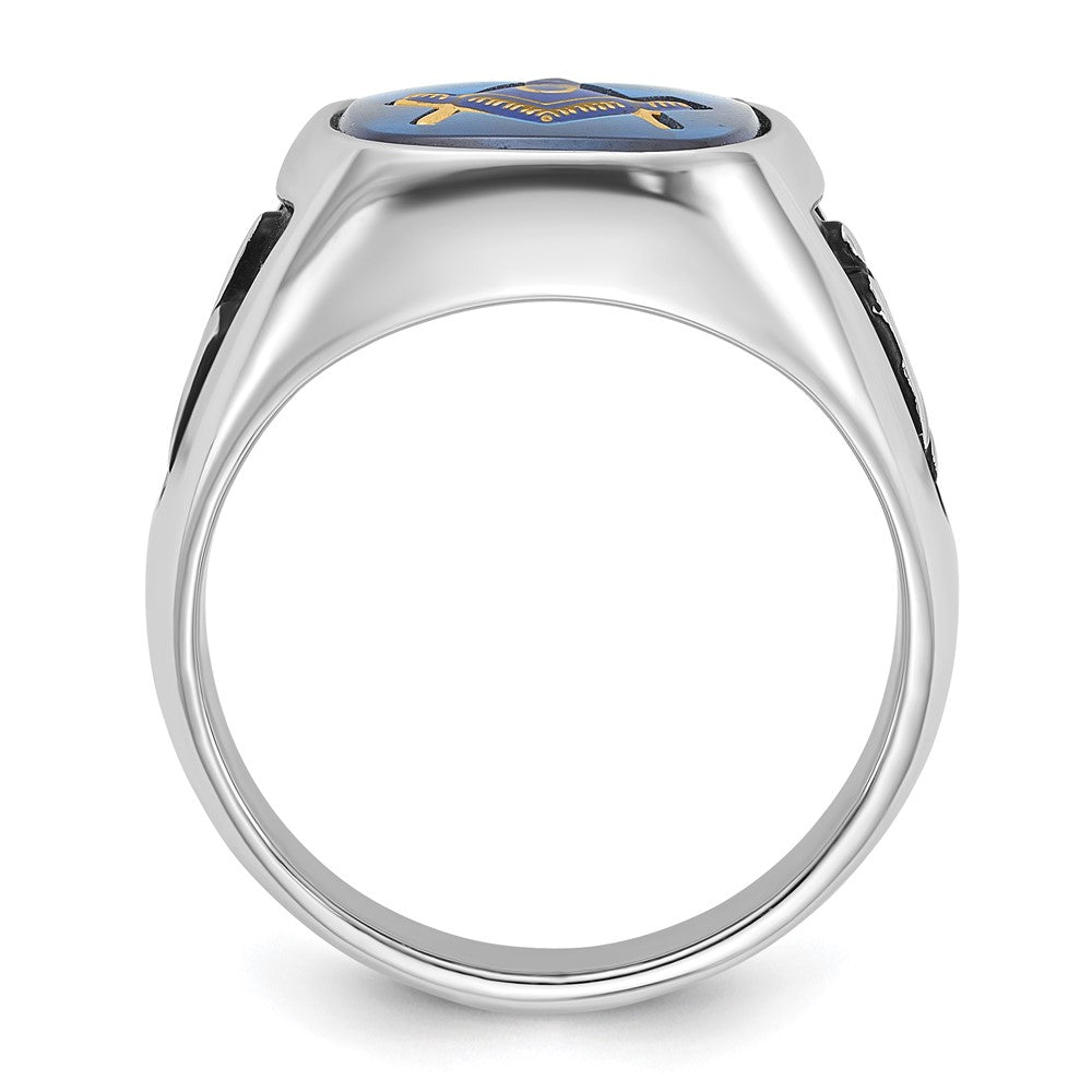 Solid 14k White Gold Enameled Synthetic Stone Mens Masonic Ring