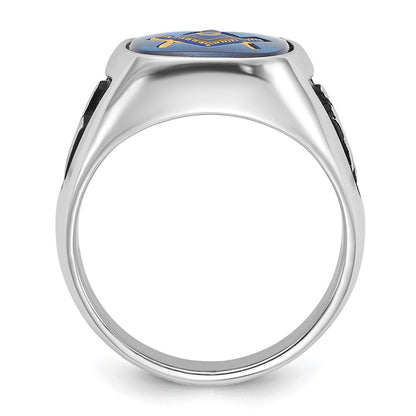 Solid 14k White Gold Enameled Synthetic Stone Mens Masonic Ring