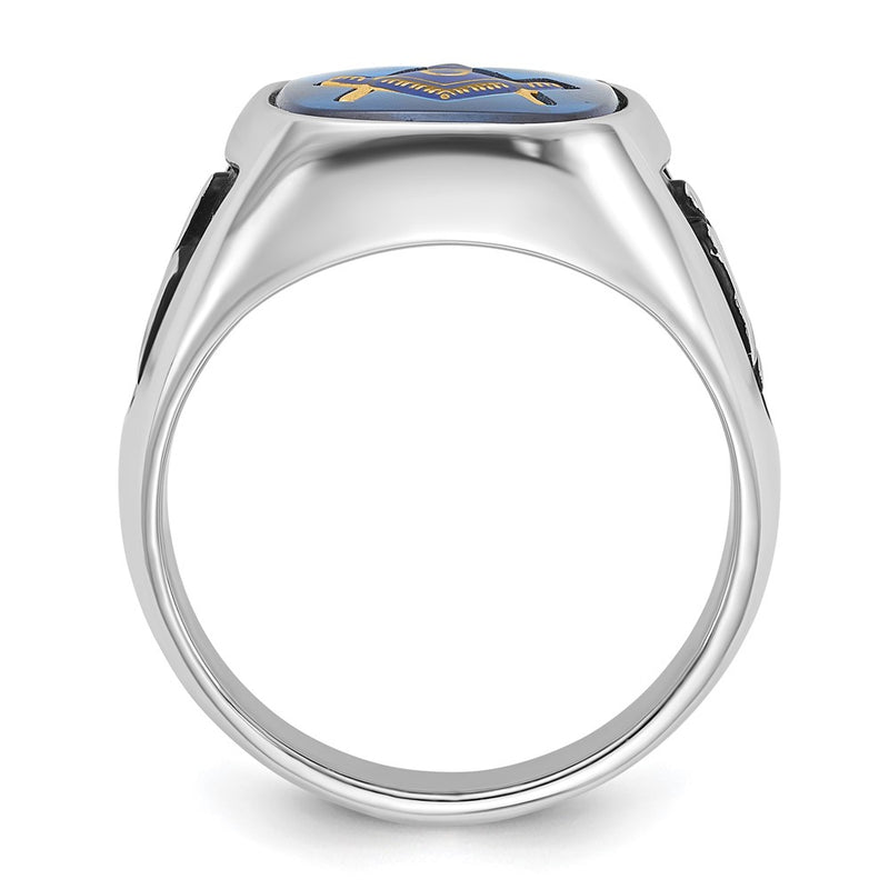 Solid 14k White Gold Enameled Synthetic Stone Mens Masonic Ring