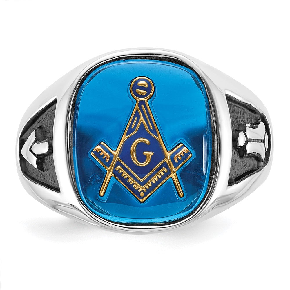 Solid 14k White Gold Enameled Synthetic Stone Mens Masonic Ring