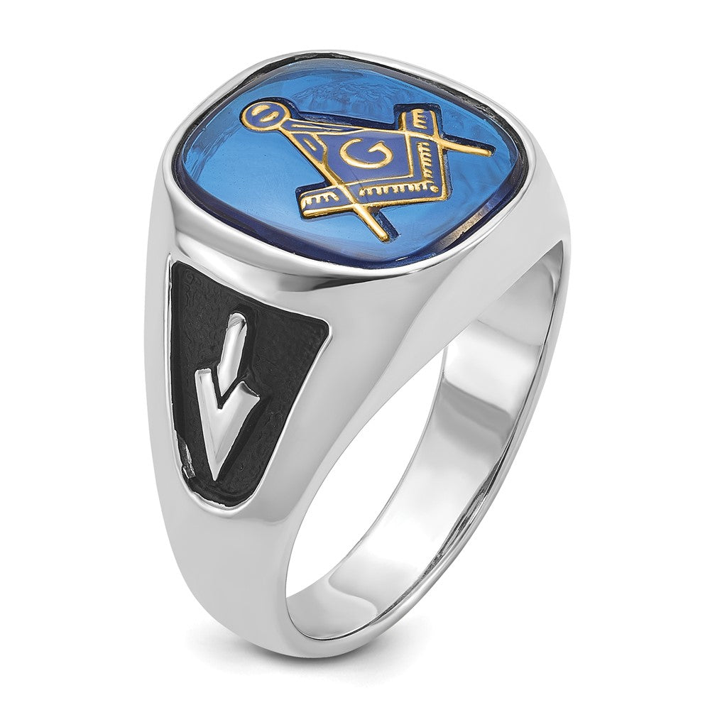 Solid 14k White Gold Enameled Synthetic Stone Mens Masonic Ring