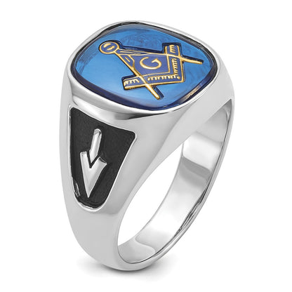 Solid 14k White Gold Enameled Synthetic Stone Mens Masonic Ring